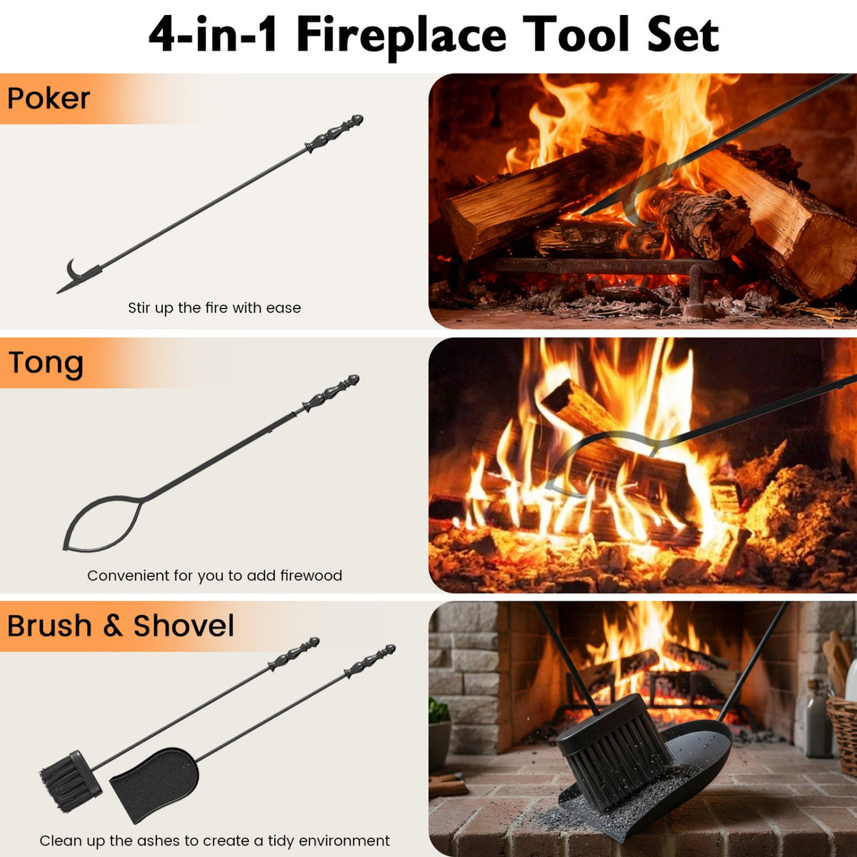 5-Pieces Fireplace Tool Set with Poker Tongs Brush Shovel and Round Stand view 8
