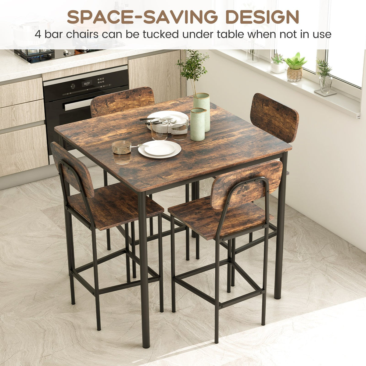 5 Pieces Industrial Dining Table Set with Counter Height Table and 4 Bar Stools-Coffee view 3