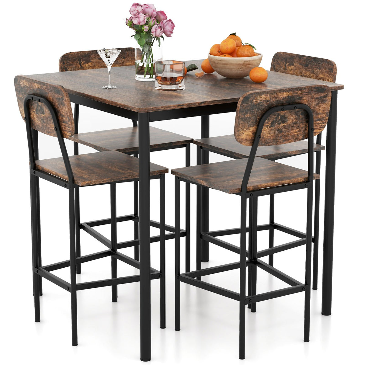 5 Pieces Industrial Dining Table Set with Counter Height Table and 4 Bar Stools-Coffee view 4