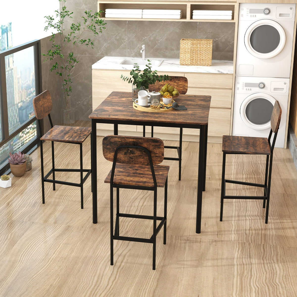 5 Pieces Industrial Dining Table Set with Counter Height Table and 4 Bar Stools-Coffee view 6