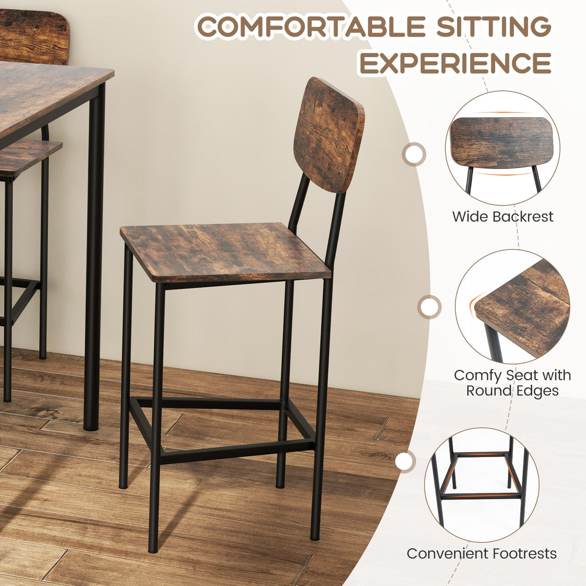 5 Pieces Industrial Dining Table Set with Counter Height Table and 4 Bar Stools-Coffee view 7