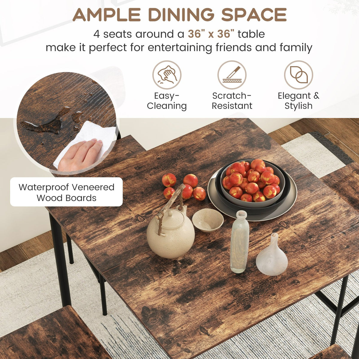 5 Pieces Industrial Dining Table Set with Counter Height Table and 4 Bar Stools-Coffee view 9