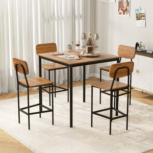 5 Pieces Industrial Dining Table Set with Counter Height Table and 4 Bar Stools-Walnut view 2