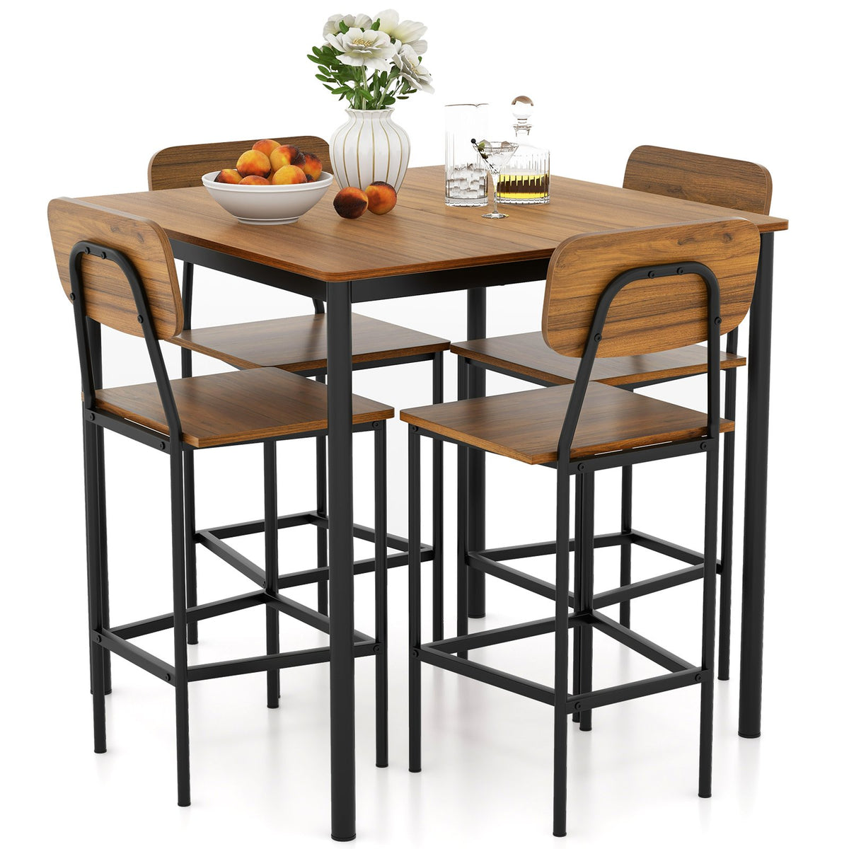 5 Pieces Industrial Dining Table Set with Counter Height Table and 4 Bar Stools-Walnut view 4