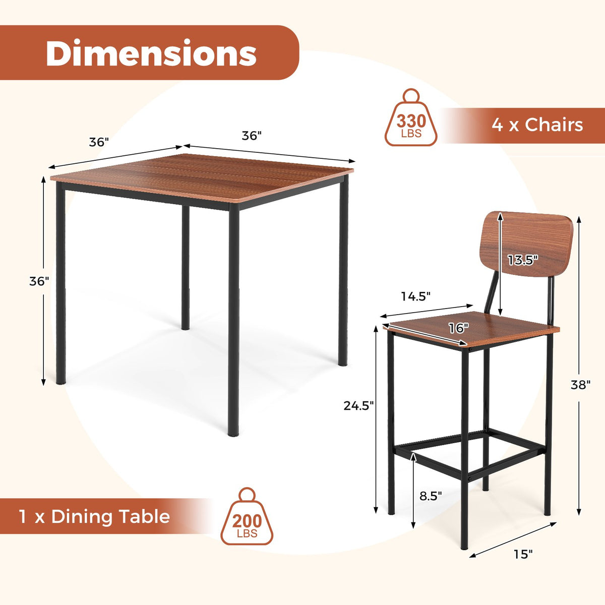 5 Pieces Industrial Dining Table Set with Counter Height Table and 4 Bar Stools-Walnut view 5
