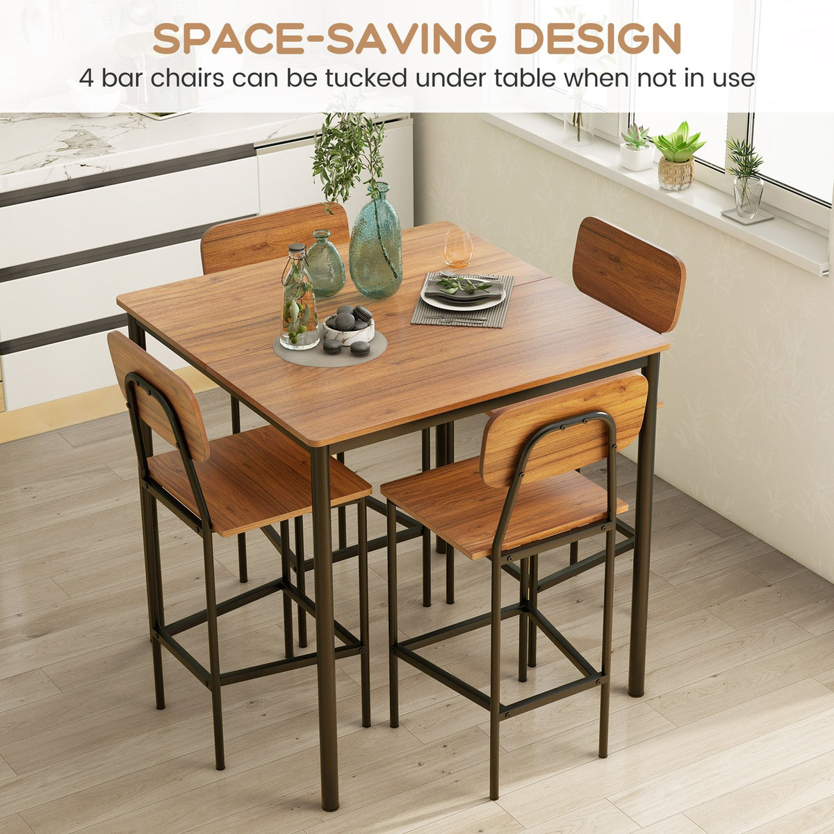 5 Pieces Industrial Dining Table Set with Counter Height Table and 4 Bar Stools-Walnut view 6