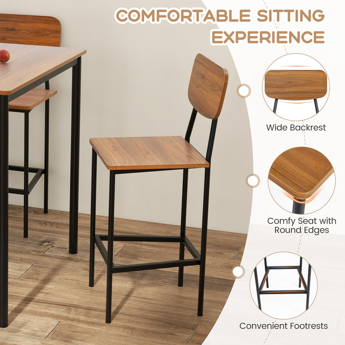 5 Pieces Industrial Dining Table Set with Counter Height Table and 4 Bar Stools-Walnut view 7