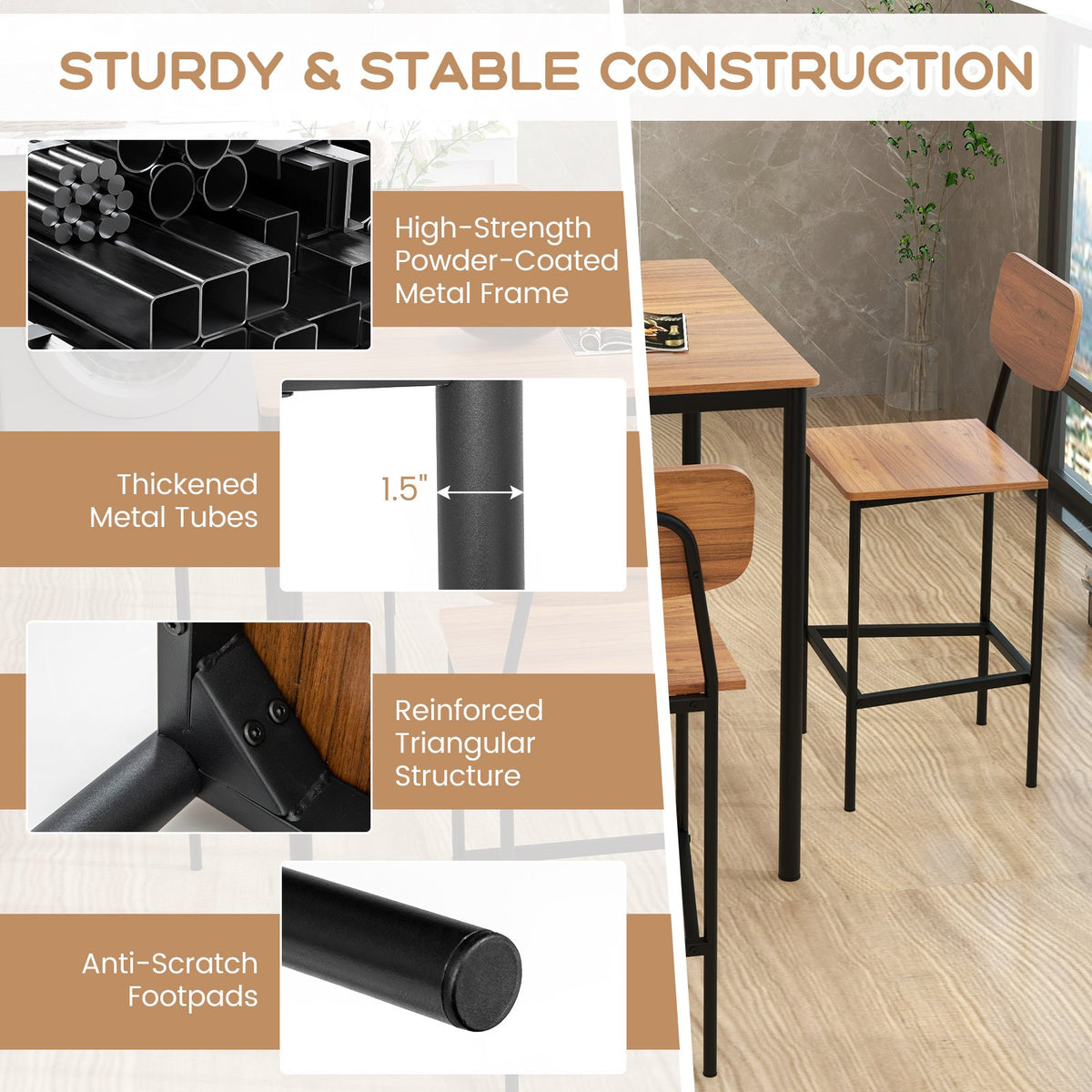 5 Pieces Industrial Dining Table Set with Counter Height Table and 4 Bar Stools-Walnut view 8