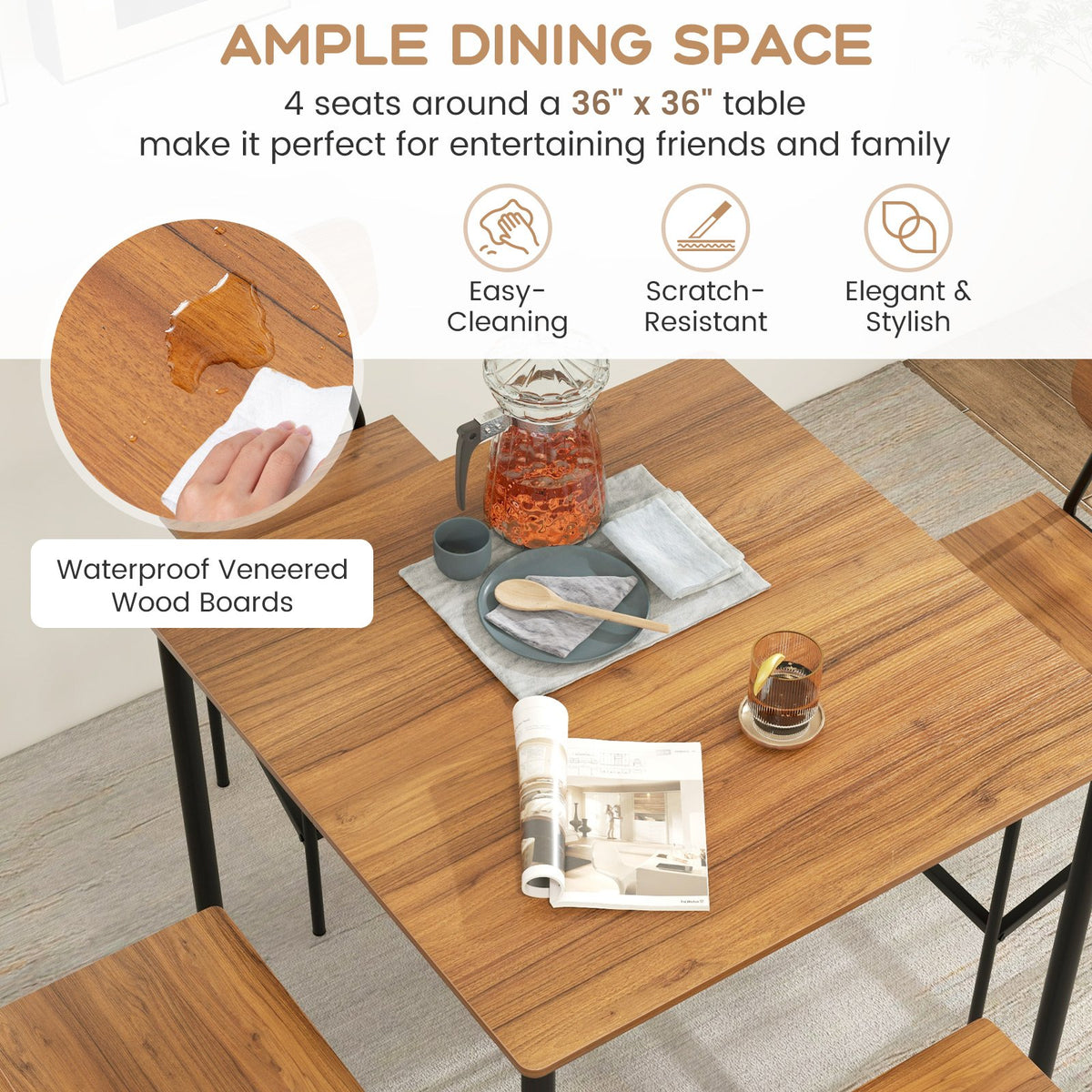 5 Pieces Industrial Dining Table Set with Counter Height Table and 4 Bar Stools-Walnut view 9