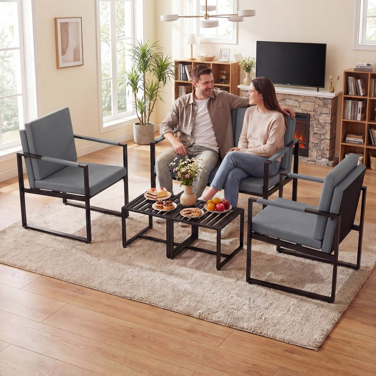 5 Pieces Living Room Set with 2 Accent Chairs and 2 Coffee Tables-Gray view 8