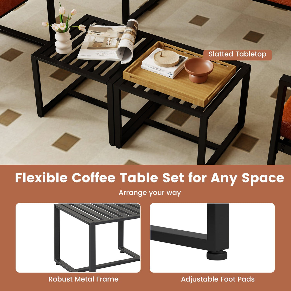 Set of 2 Metal End Tables with Slatted Tabletop-Black view 6