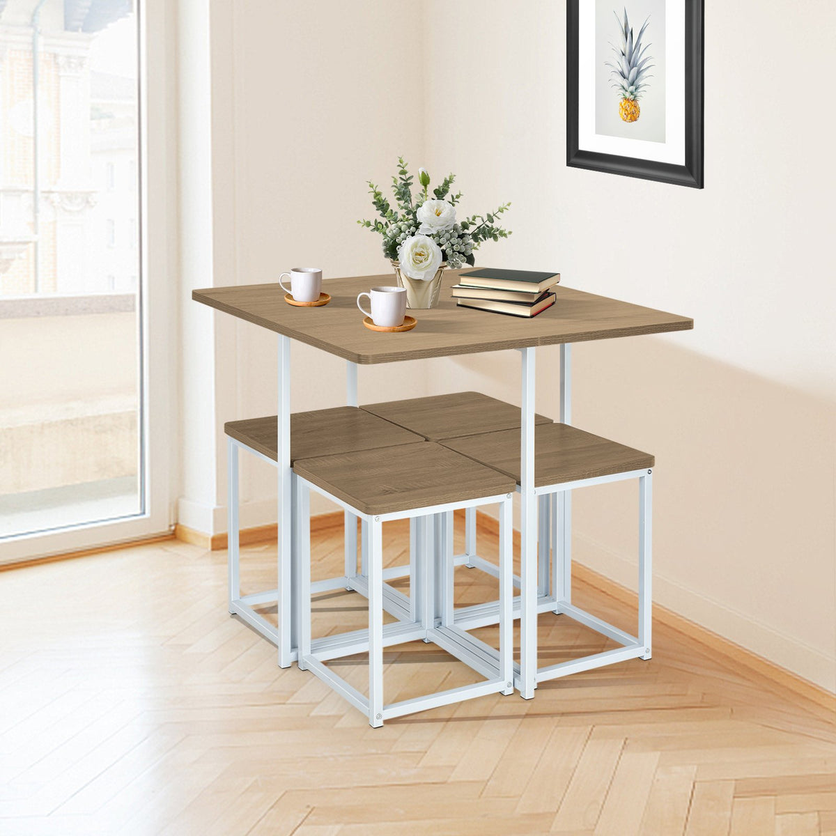 5 Pieces Metal Frame Dining Set with Compact Dining Table and 4 Stools-Natural view 2