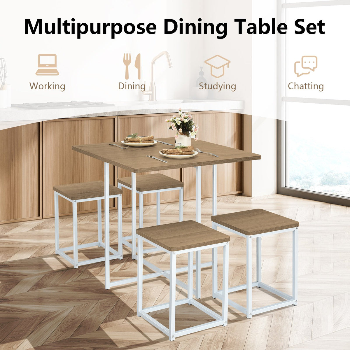 5 Pieces Metal Frame Dining Set with Compact Dining Table and 4 Stools-Natural view 3