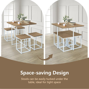 5 Pieces Metal Frame Dining Set with Compact Dining Table and 4 Stools-Natural view 5