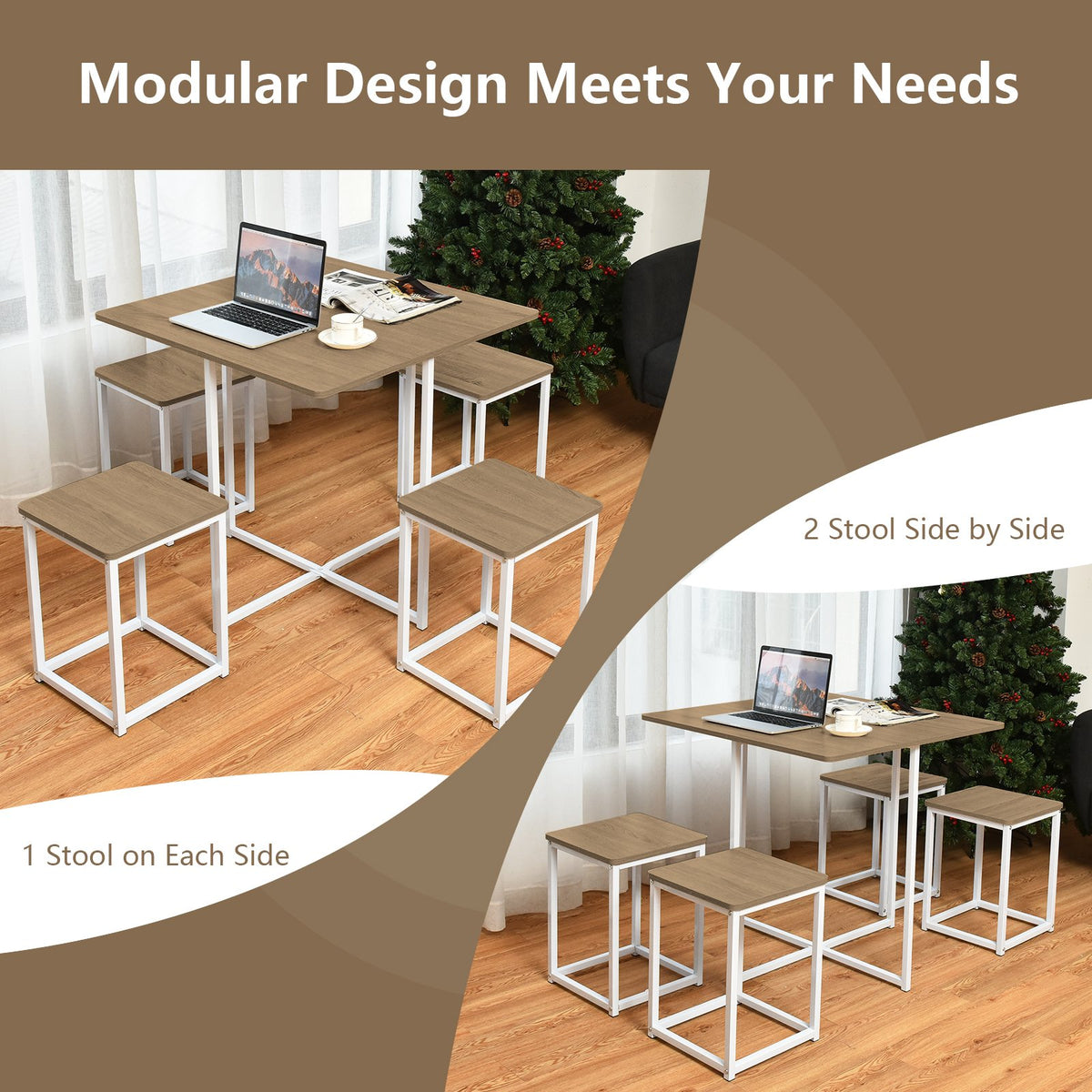 5 Pieces Metal Frame Dining Set with Compact Dining Table and 4 Stools-Natural view 6