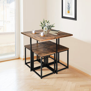 5 Pieces Metal Frame Dining Set with Compact Dining Table and 4 Stools -Walnut view 2
