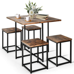 5 Pieces Metal Frame Dining Set with Compact Dining Table and 4 Stools -Walnut view 3