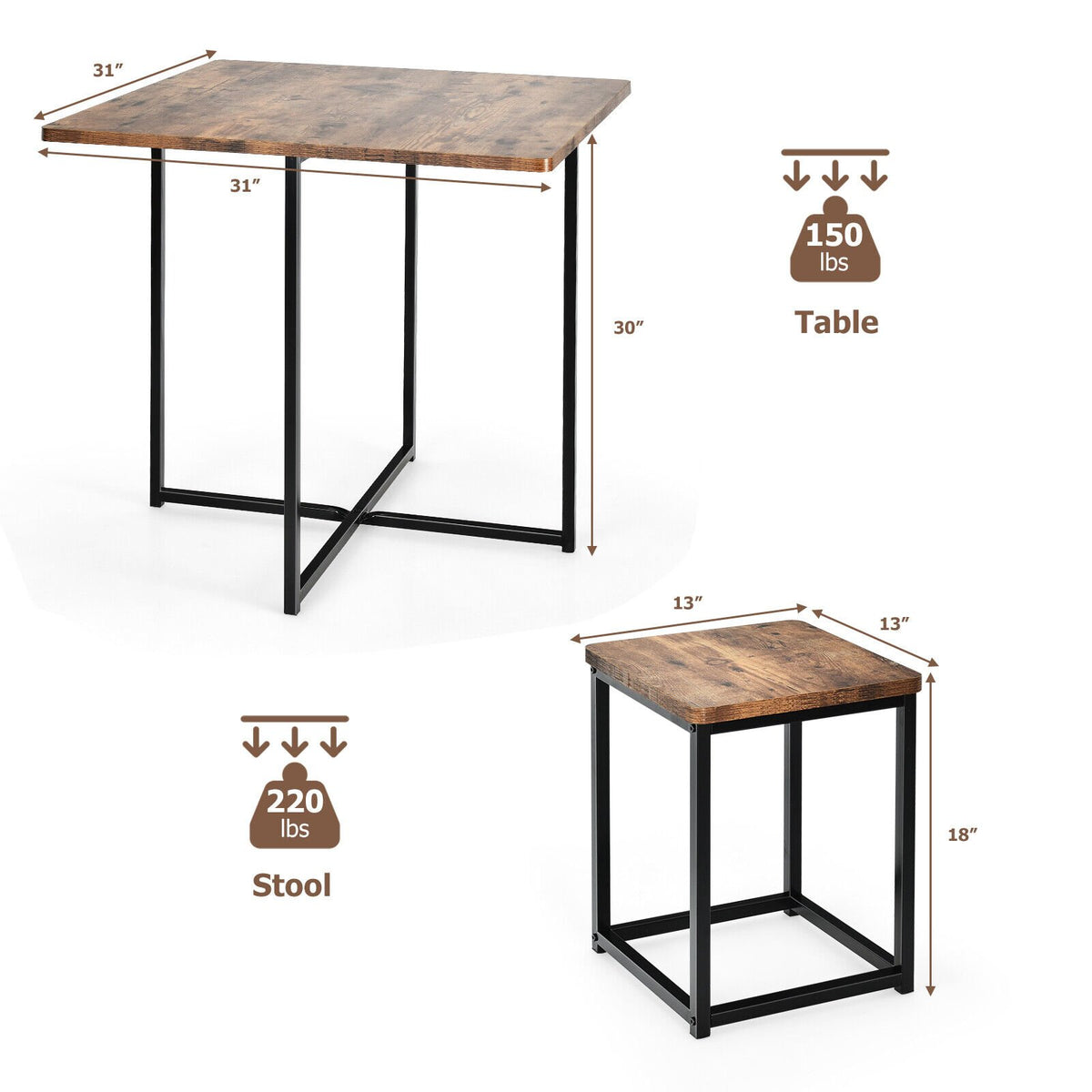 5 Pieces Metal Frame Dining Set with Compact Dining Table and 4 Stools -Walnut view 4