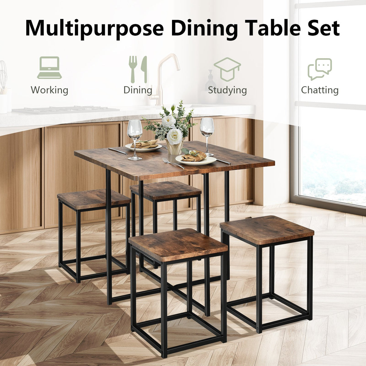 5 Pieces Metal Frame Dining Set with Compact Dining Table and 4 Stools -Walnut view 5