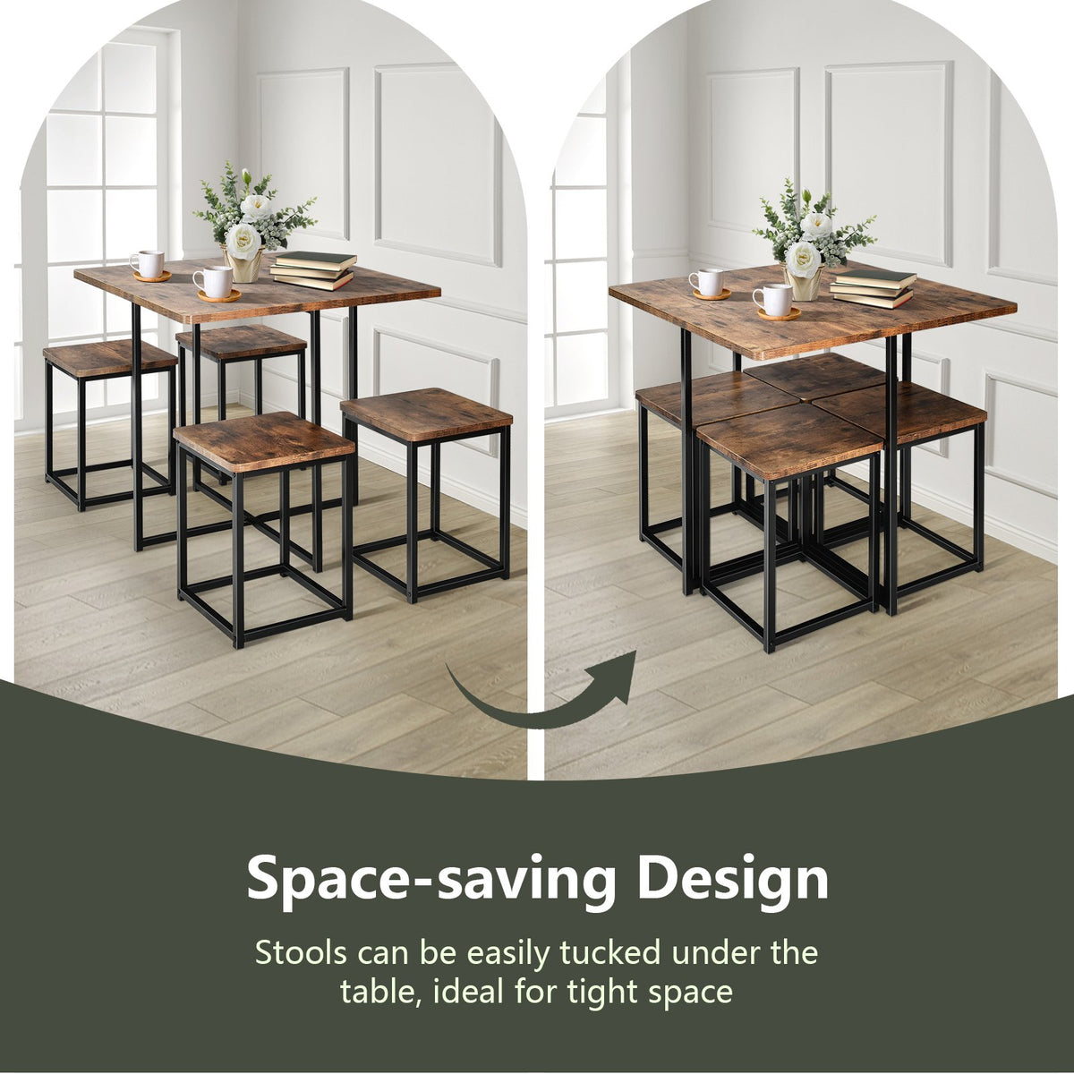 5 Pieces Metal Frame Dining Set with Compact Dining Table and 4 Stools -Walnut view 7