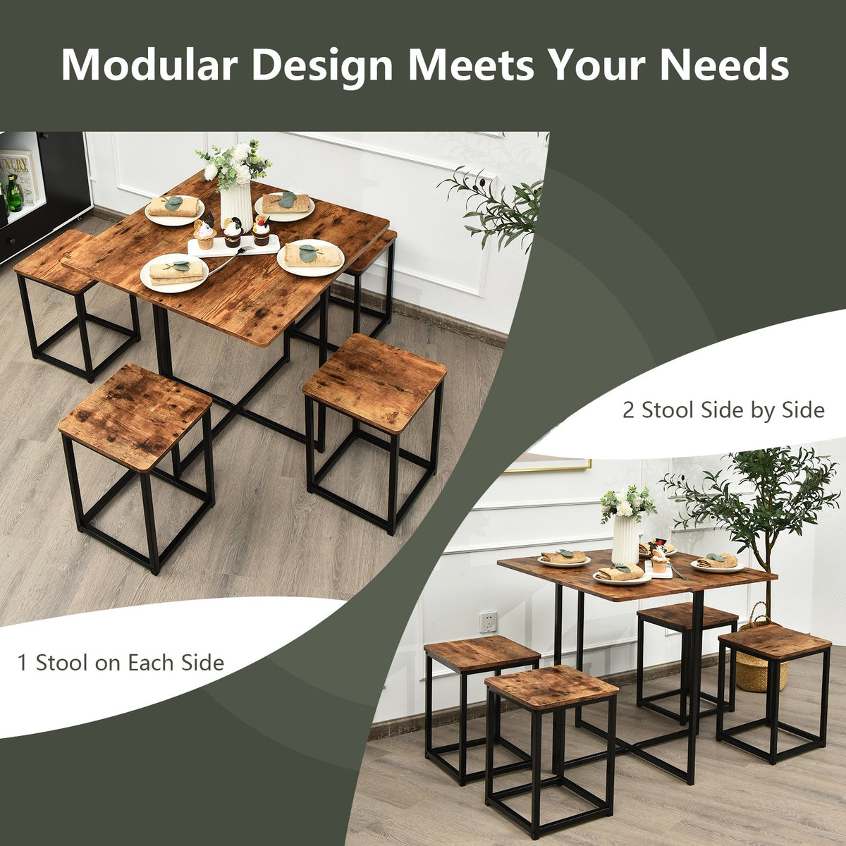 5 Pieces Metal Frame Dining Set with Compact Dining Table and 4 Stools -Walnut view 8