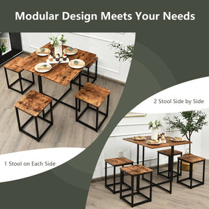 5 Pieces Metal Frame Dining Set with Compact Dining Table and 4 Stools -Walnut view 8