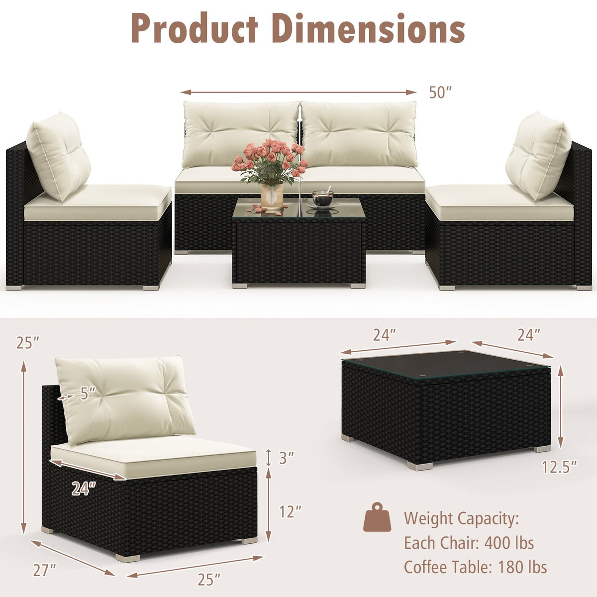 5 Pieces Outdoor Patio Furniture Set with Cushions and Coffee Table view 5