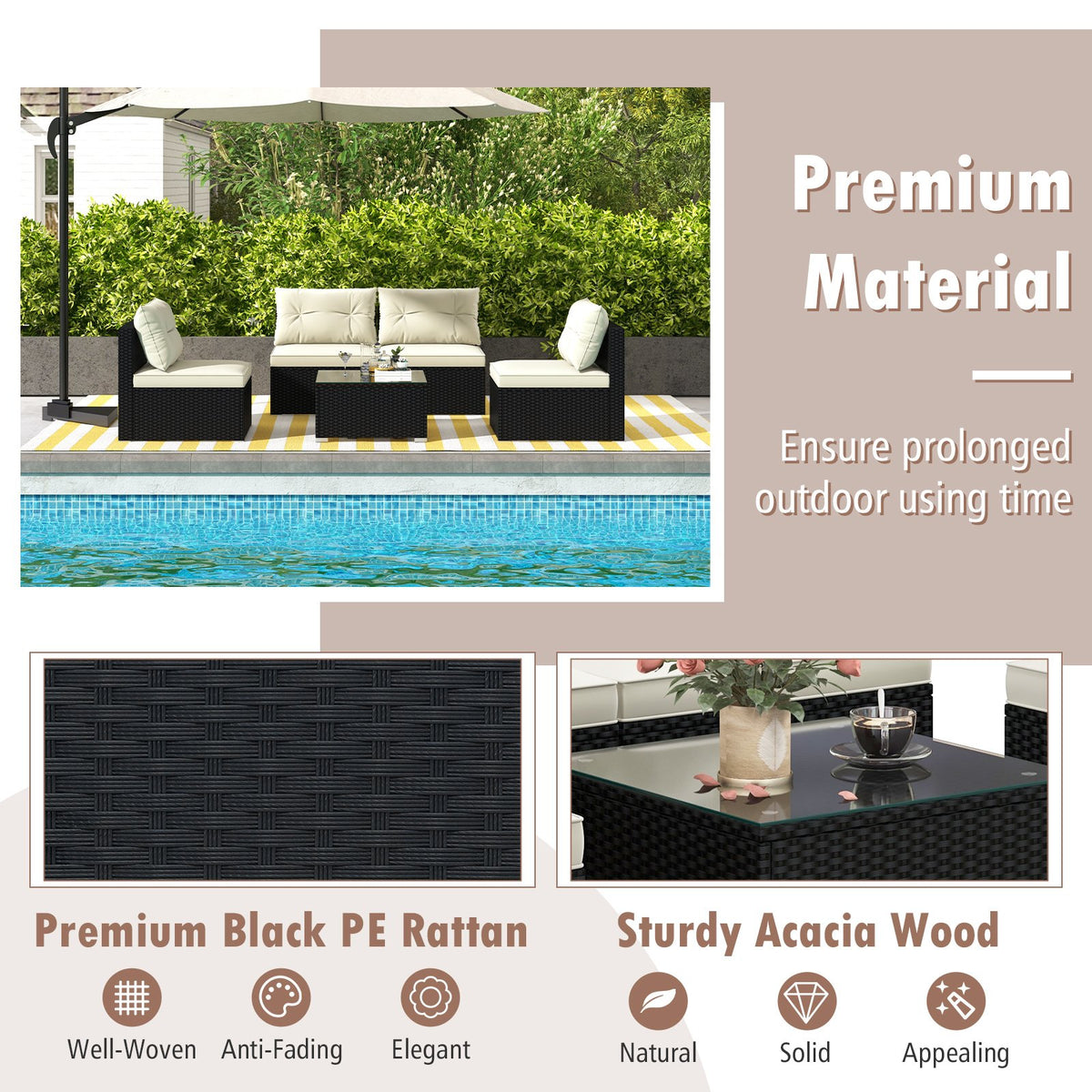 5 Pieces Outdoor Patio Furniture Set with Cushions and Coffee Table view 7
