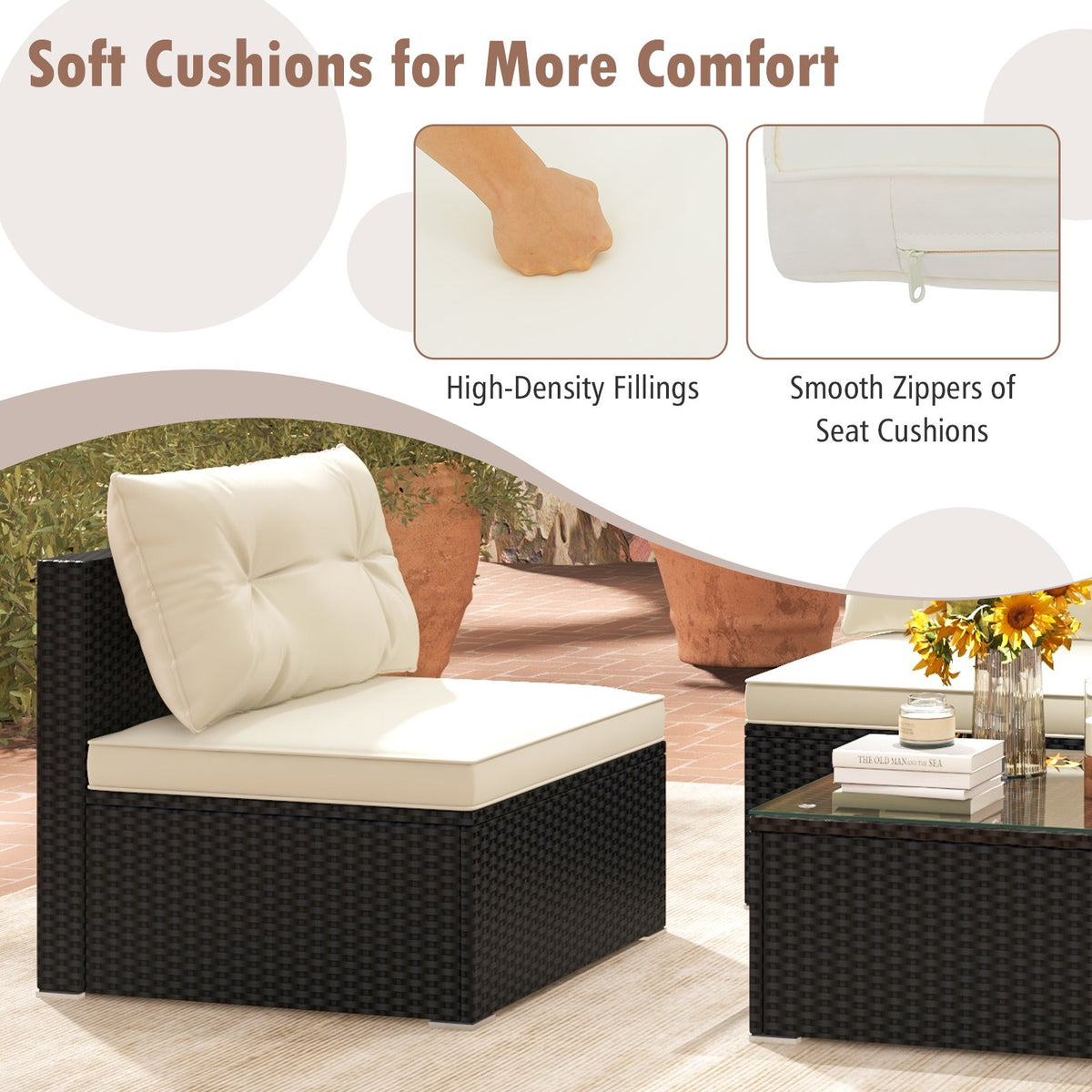 5 Pieces Outdoor Patio Furniture Set with Cushions and Coffee Table view 8