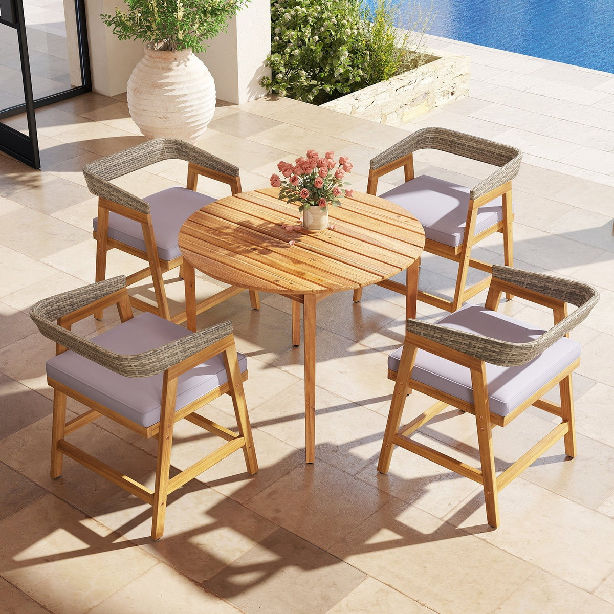 5 Pieces Patio Dining Set with Cushions and PE Rattan Backrest for Garden and Backyard view 2