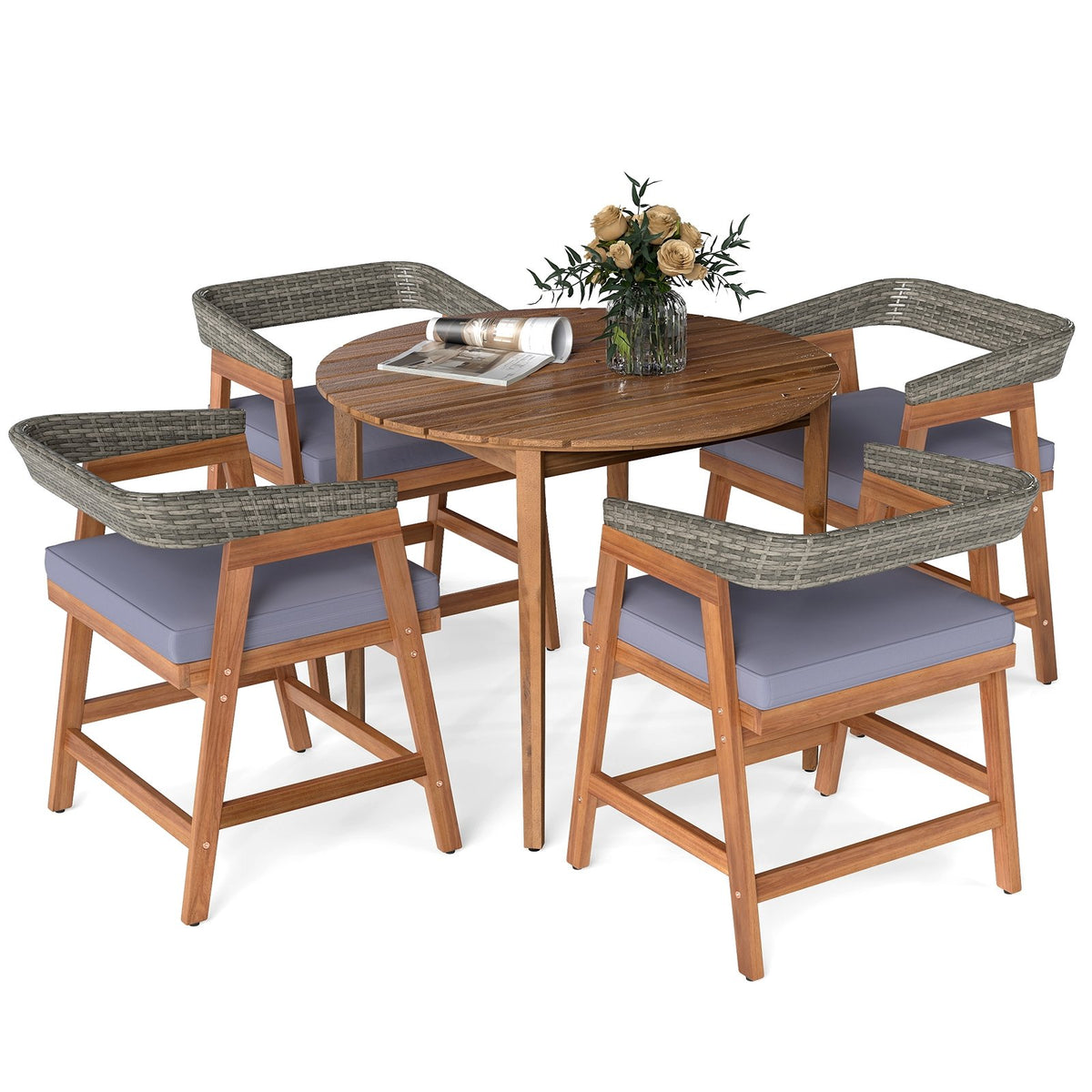 5 Pieces Patio Dining Set with Cushions and PE Rattan Backrest for Garden and Backyard view 4