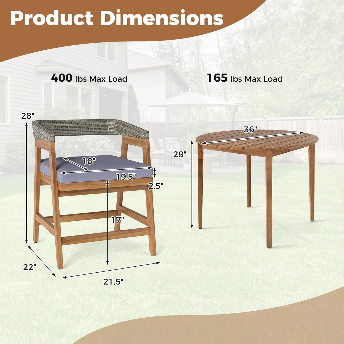 5 Pieces Patio Dining Set with Cushions and PE Rattan Backrest for Garden and Backyard view 5