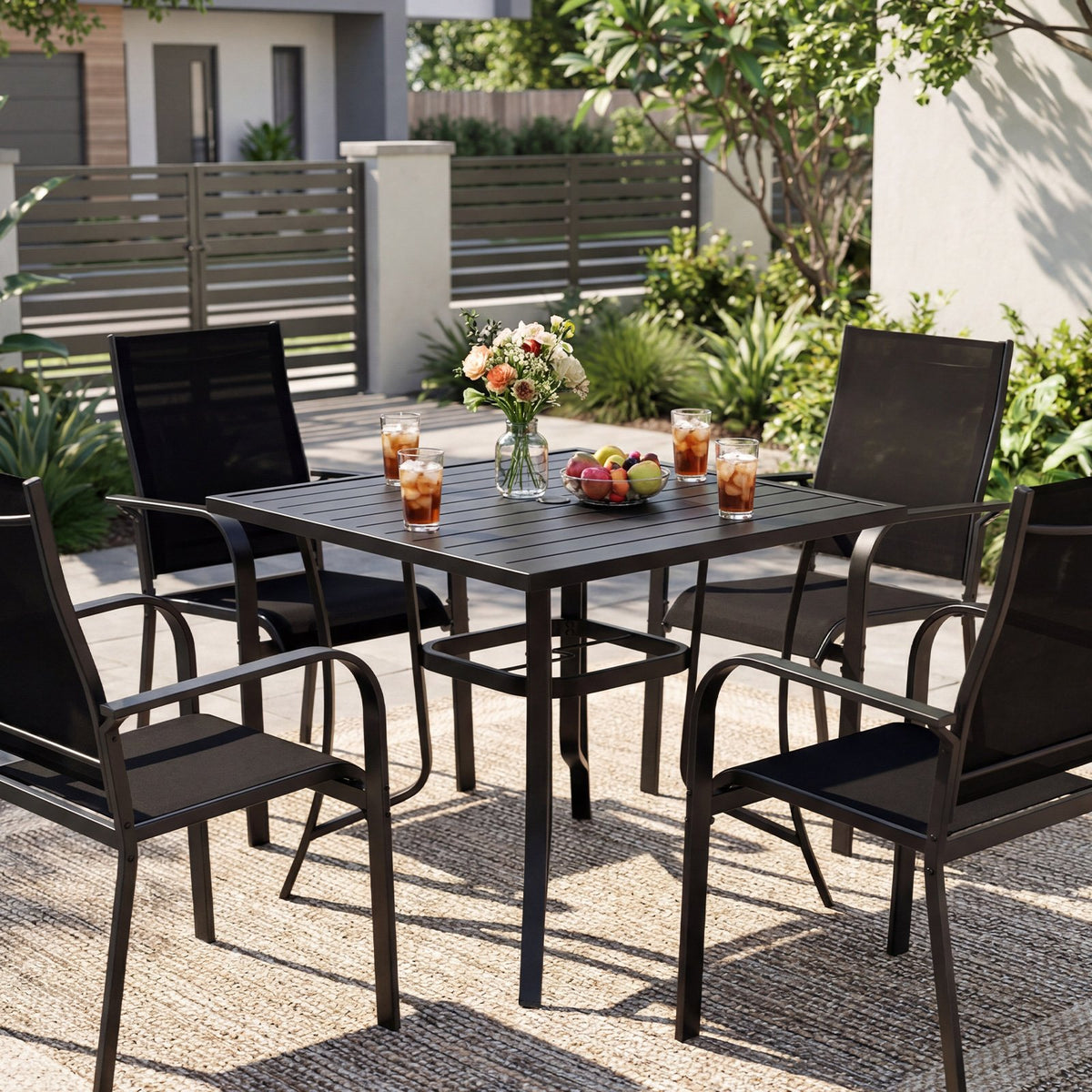 5 Pieces Patio Dining Set for 4 Outdoor Square Table and Stackable Chairs-Black view 2