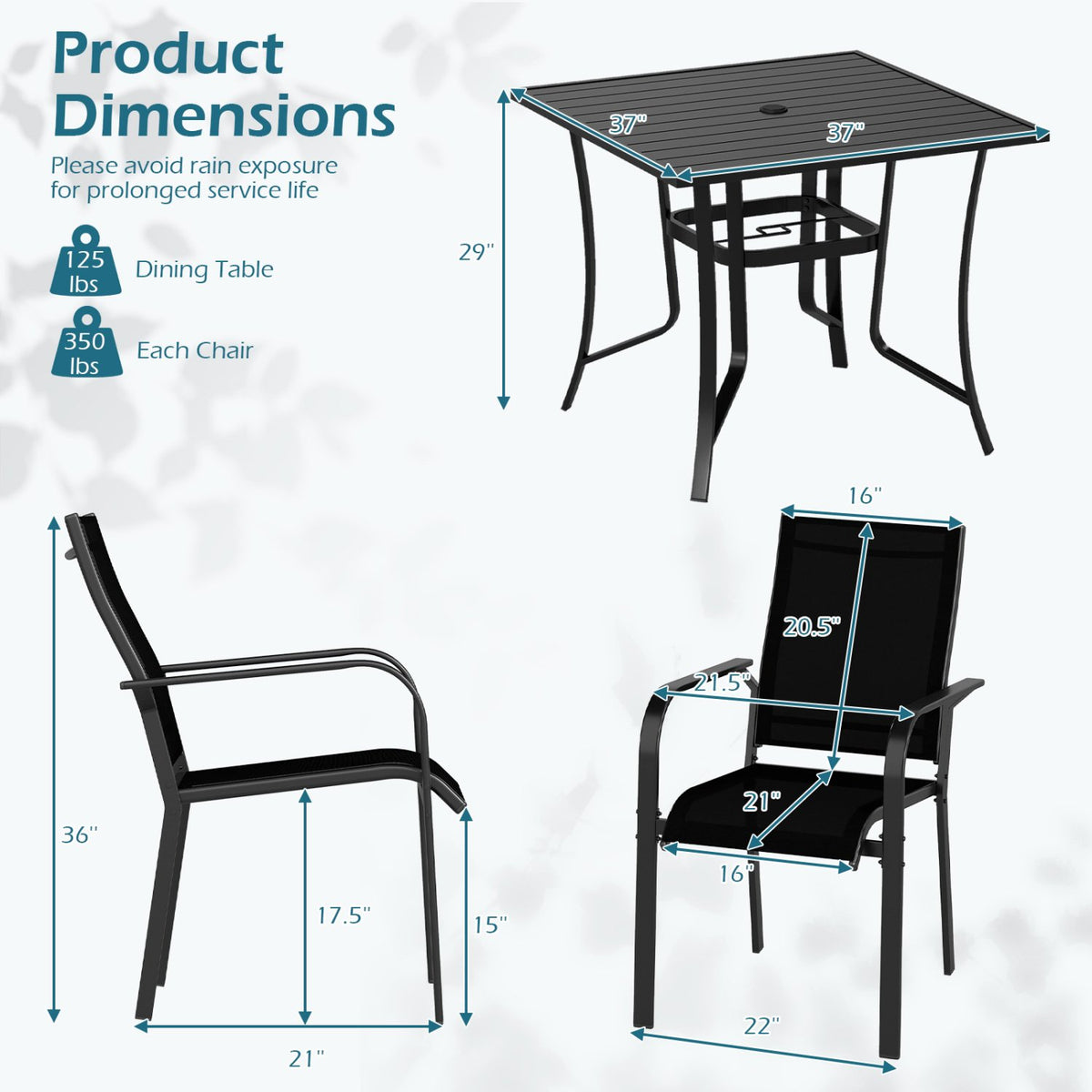 5 Pieces Patio Dining Set for 4 Outdoor Square Table and Stackable Chairs-Black view 5