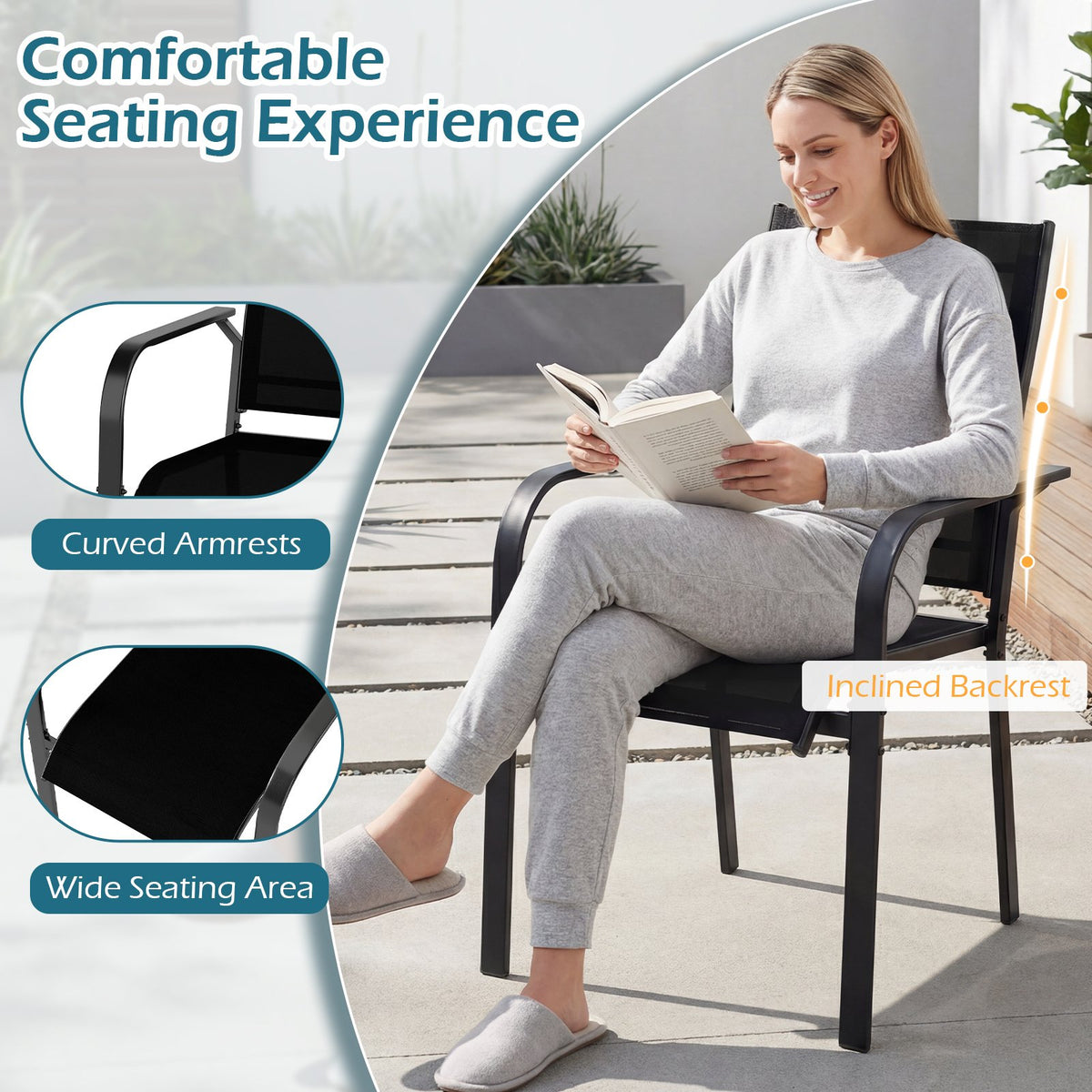 5 Pieces Patio Dining Set for 4 Outdoor Square Table and Stackable Chairs-Black view 8