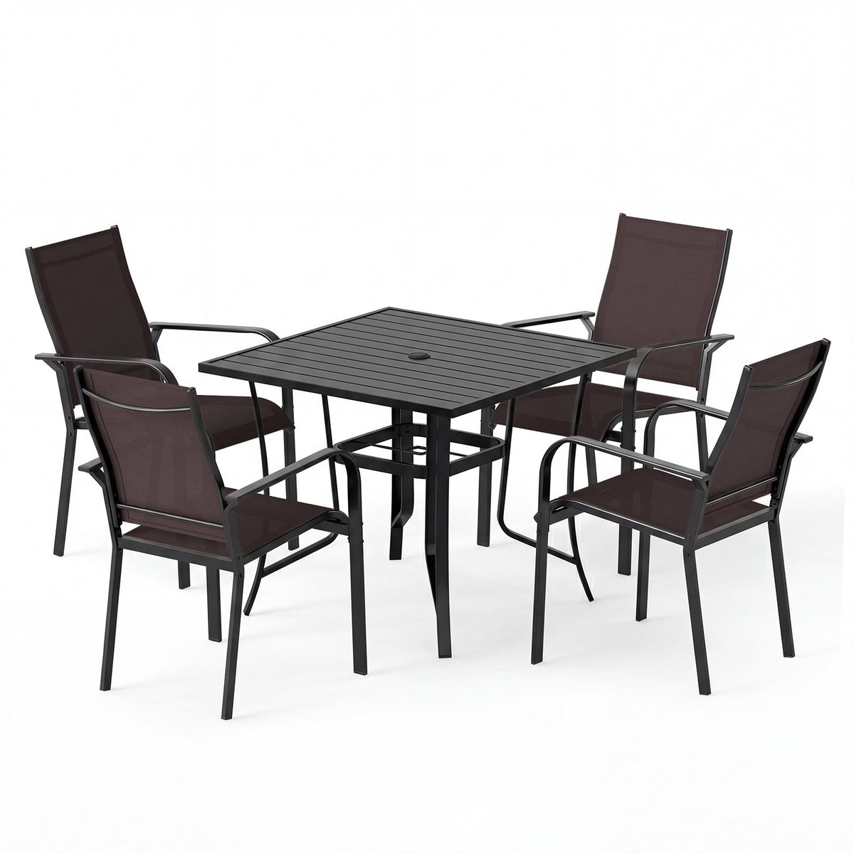 5 Pieces Patio Dining Set for 4 Outdoor Square Table and Stackable Chairs-Brown