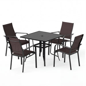 5 Pieces Patio Dining Set for 4 Outdoor Square Table and Stackable Chairs-Brown