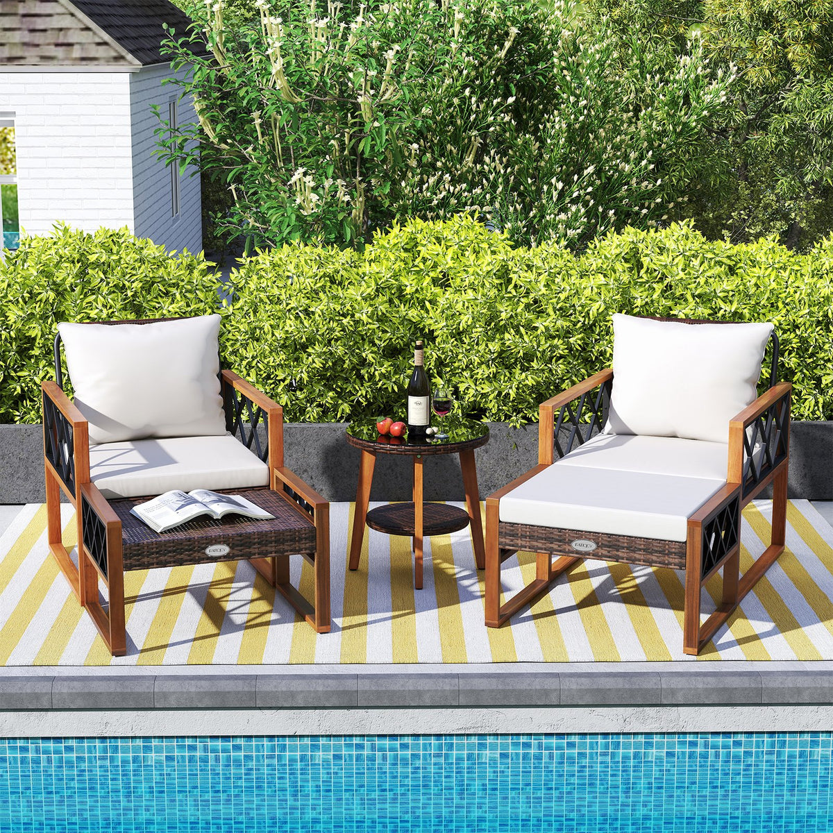 5 Pieces Patio Furniture Set PE Rattan Outdoor Conversation Set with Acacia Wood view 3