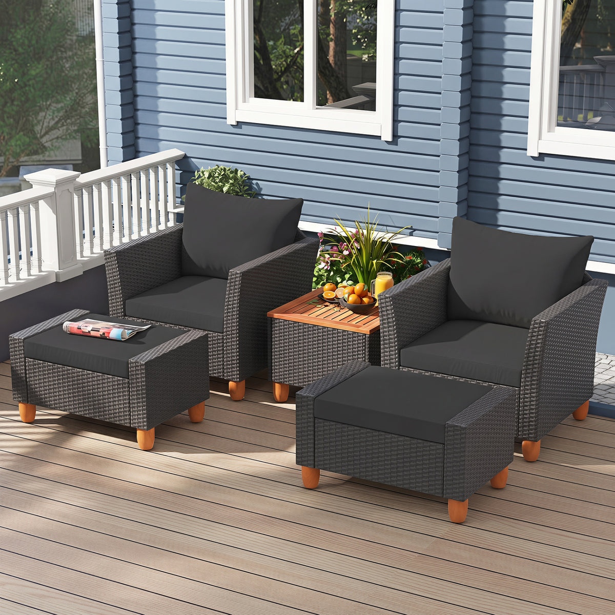 5 Pieces Patio Furniture Set with Loveseat and Armchairs for Porch-Black view 2