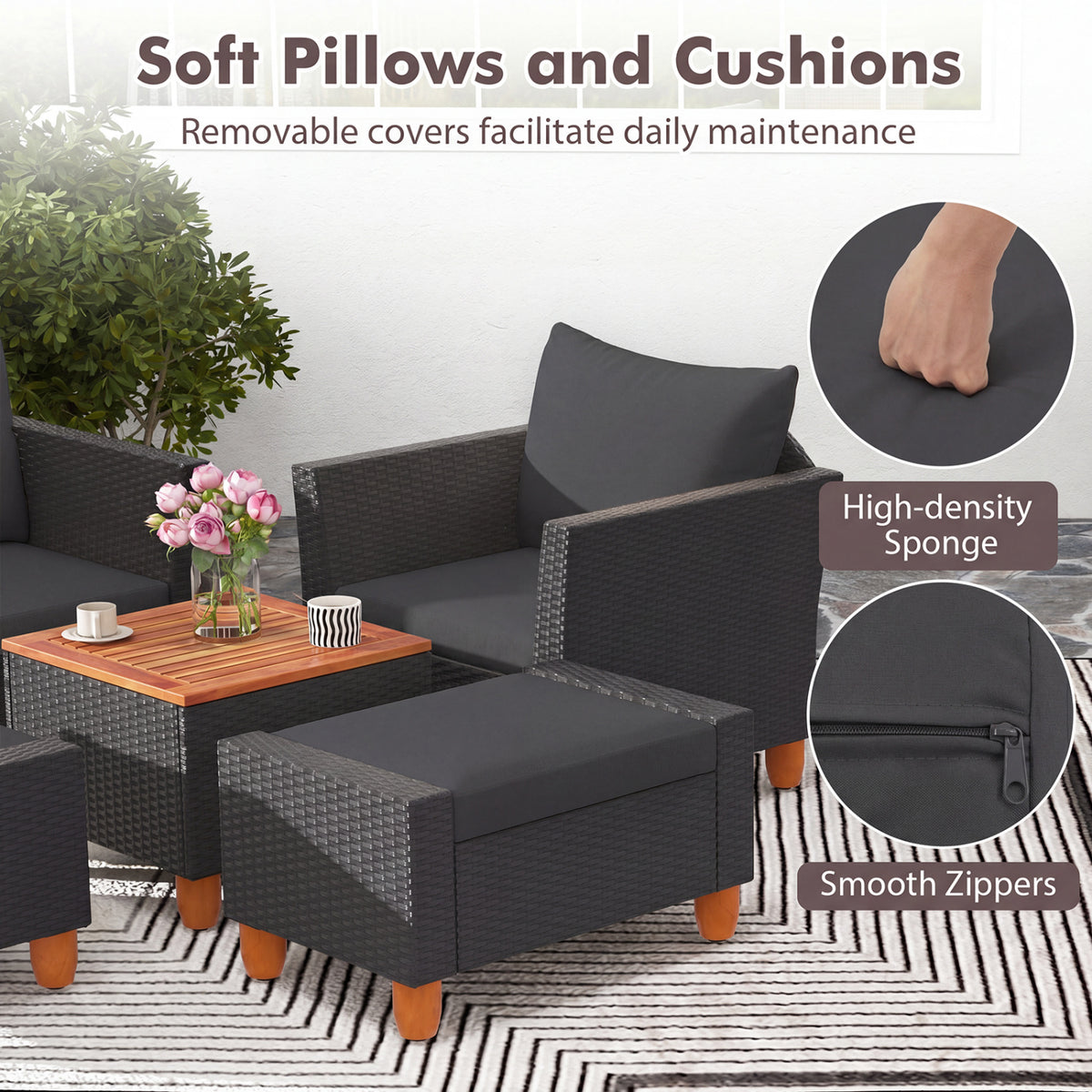 5 Pieces Patio Furniture Set with Loveseat and Armchairs for Porch-Black view 9