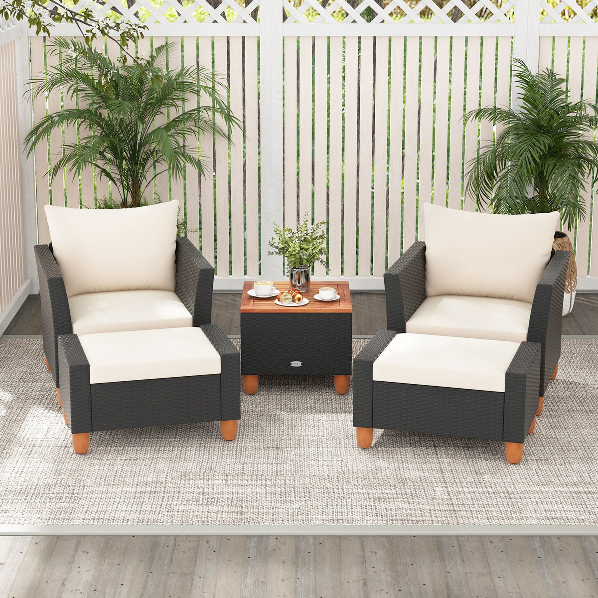 5 Pieces Patio Furniture Set with Loveseat and Armchairs for Porch-White view 2