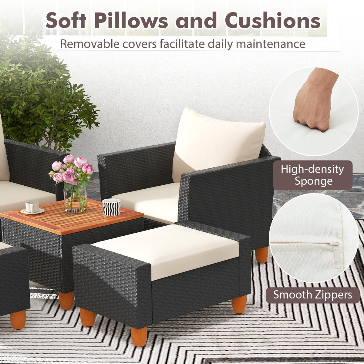 5 Pieces Patio Furniture Set with Loveseat and Armchairs for Porch-White view 8