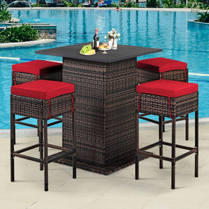 5 Pieces Patio Rattan Bar Table Stool Set Hidden Storage Shelf Cushioned-Red view 2