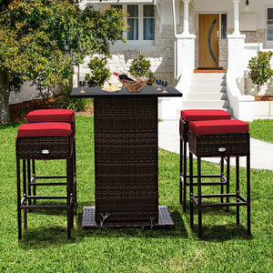 5 Pieces Patio Rattan Bar Table Stool Set Hidden Storage Shelf Cushioned-Red view 3