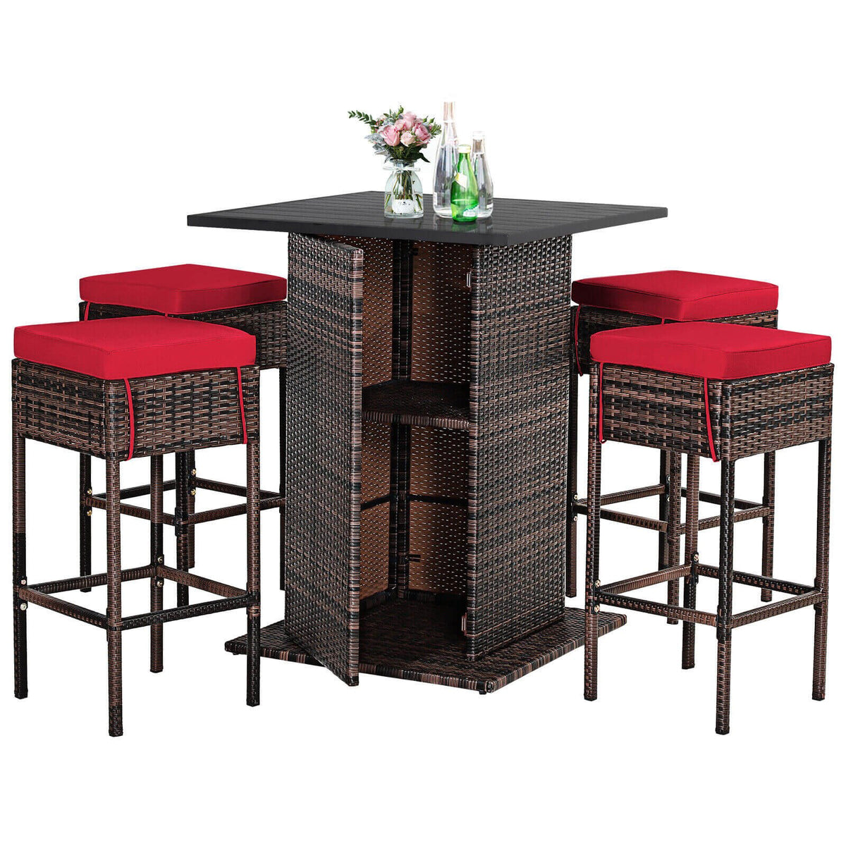 5 Pieces Patio Rattan Bar Table Stool Set Hidden Storage Shelf Cushioned-Red view 4