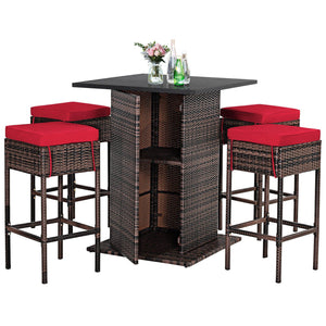 5 Pieces Patio Rattan Bar Table Stool Set Hidden Storage Shelf Cushioned-Red view 4