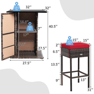 5 Pieces Patio Rattan Bar Table Stool Set Hidden Storage Shelf Cushioned-Red view 5
