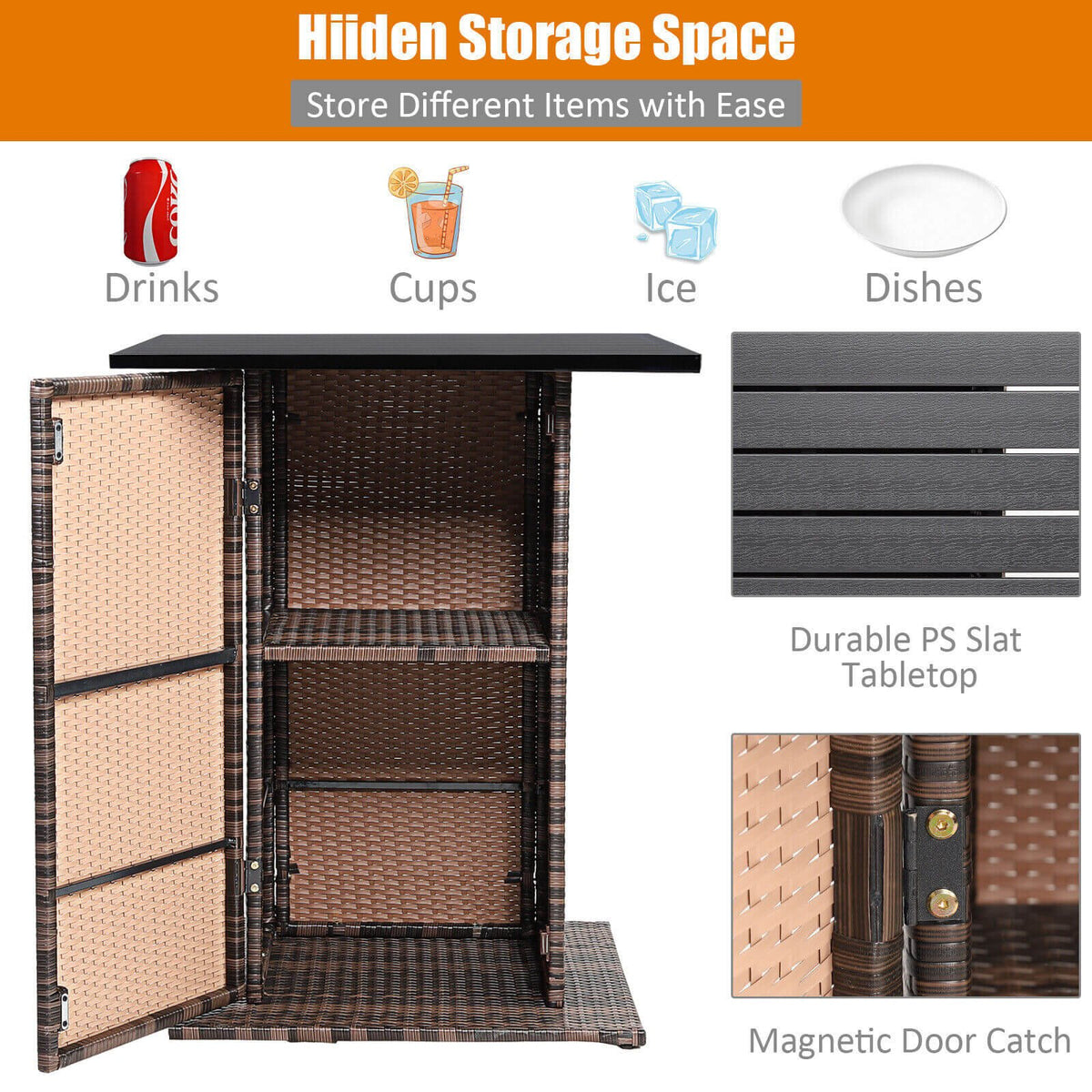 5 Pieces Patio Rattan Bar Table Stool Set Hidden Storage Shelf Cushioned-Red view 7