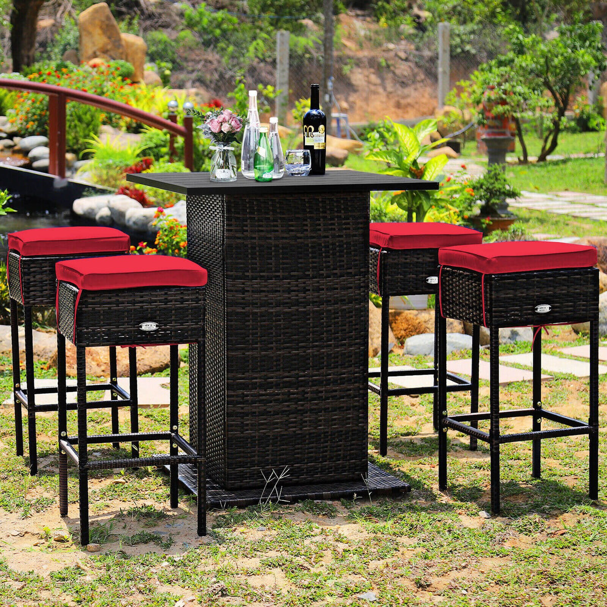 5 Pieces Patio Rattan Bar Table Stool Set Hidden Storage Shelf Cushioned-Red view 8