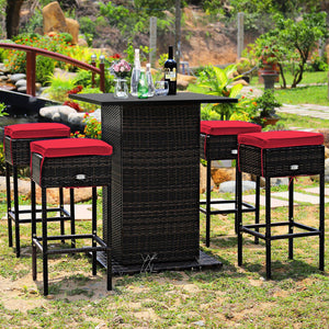 5 Pieces Patio Rattan Bar Table Stool Set Hidden Storage Shelf Cushioned-Red view 8